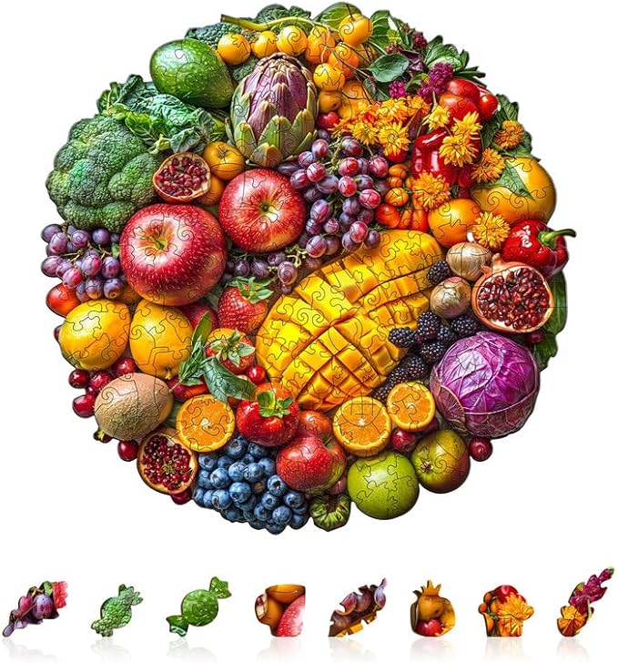 Jigfoxy Wooden Puzzles for Adults, Colorful Fruits Wood Puzzles Adult, Unique Animal Shape Wooden Jigsaw Puzzles for Adults, Birthday Gifts for Puzzle Lovers, Family, Friend (S-8.5 * 8.4in-100pcs)