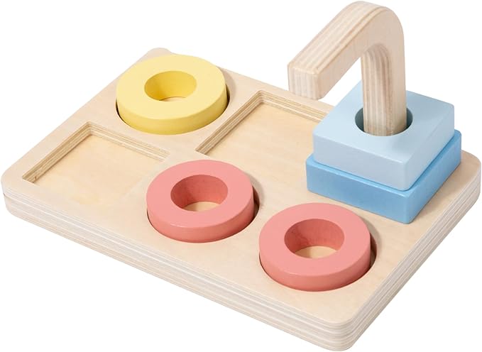 Adena Montessori Wooden Stacking and Sorting Ring,Wooden Rings on Peg,5 Shapes on Curved Peg Horizontal Dowel Variation,Baby Toddler Educational Eearly Learning Toys for 1 Year Olds Boy and Girl Gift