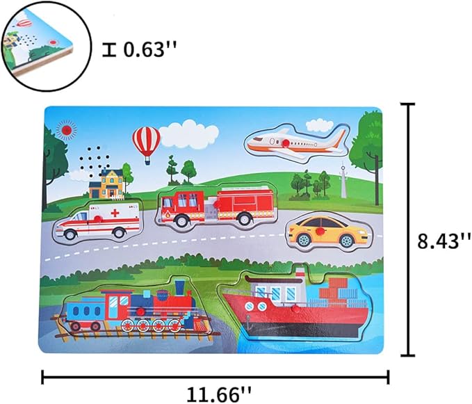 Wooden Transportation Sound Peg Puzzles for Toddlers, Wooden Pegged Puzzle with Sound Effect for Toddlers and Preschoolers, Educational Learning Toy Gift