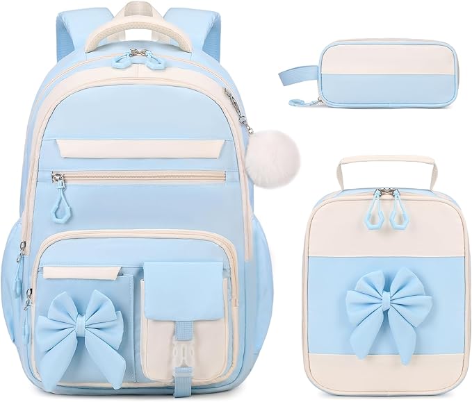 Backpack for Girls, 3PCS Girls Backpack for School with Lunch Bag Pencil Case, Cute Kids Teens Bookbag for Kindergarten Elementary Preschool Middle School (Blue)