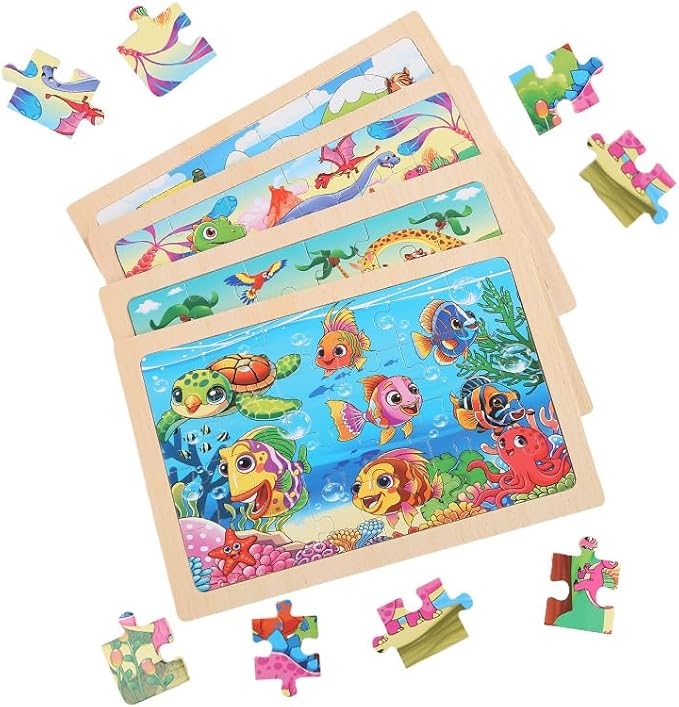 Puzzles for Kids Ages 4-6, 4 Packs 24 Piece Wooden Jigsaw Puzzle for Toddlers 5-8, Preschool Educational Puzzle Boards Toys Gifts for 4 5 6 7 8 Boys Girls