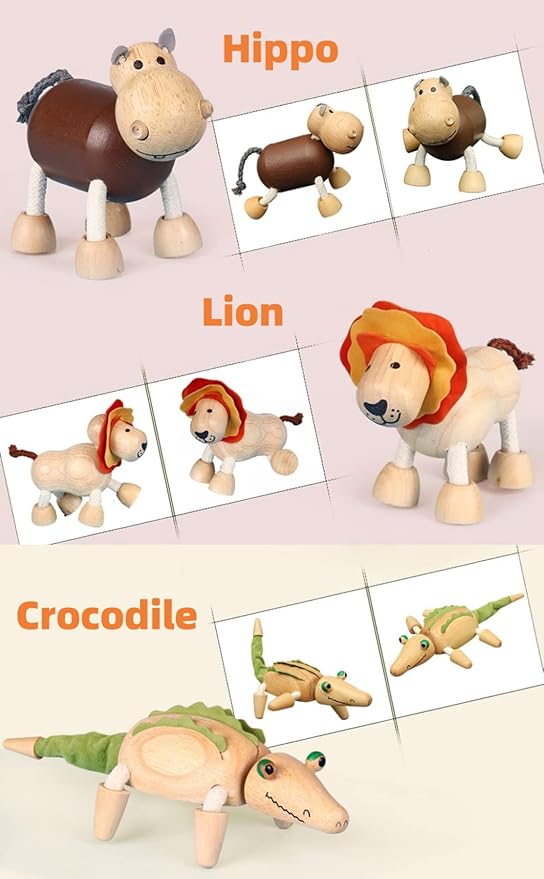 14 Pack Bendable Wooden Animal Toys, Smooth Natural Wood Zoo Farm Jungle Safari Animals Figures, Preschool Learning & Education Toys for Toddlers Kids