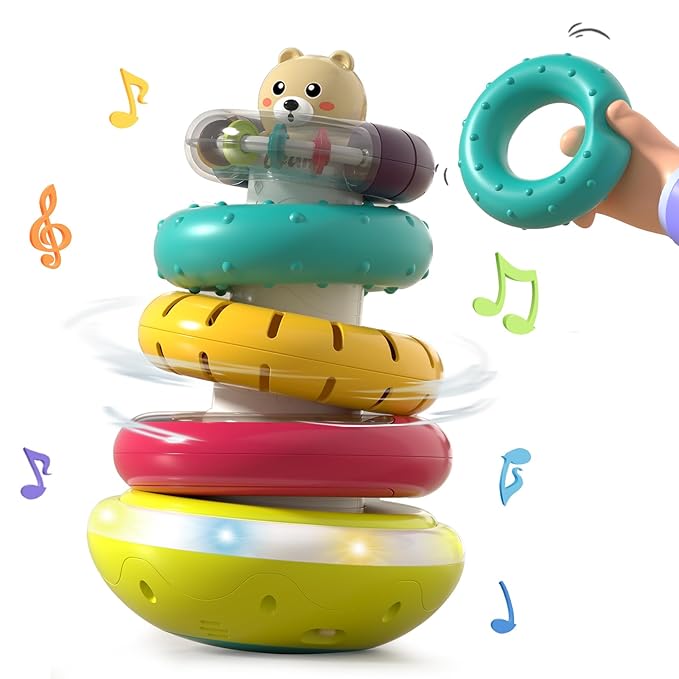 Baby Stacking Rings with Sound, Stacking Toys for Toddlers 1-3, Montessori Toys for Babies 6-12 Months, Rotatable with Light