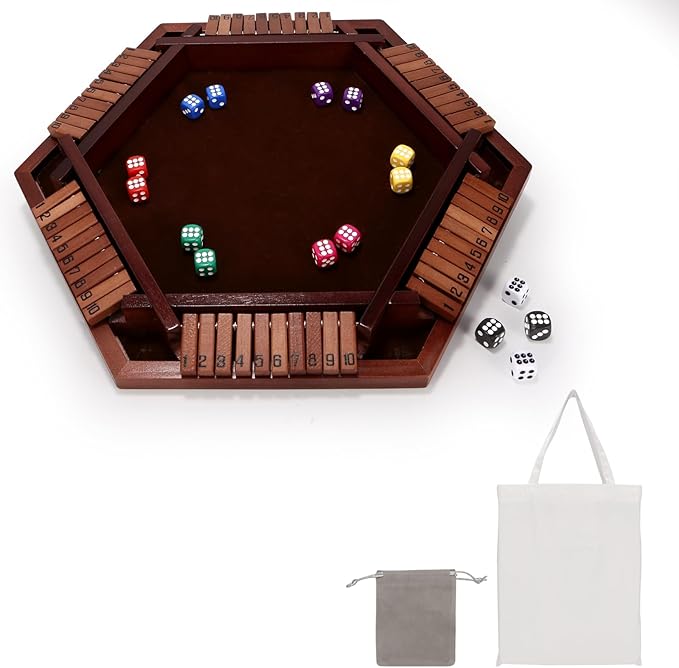 Shut The Box Game Wooden Board 6-Way with Carry Bags and 16 Dice, Portable Close The Box Game for 1-6 Players, Math Educational for Kids, Adults (Instruction Included)