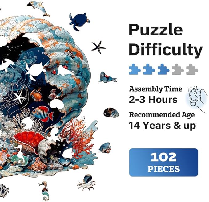 Jigfoxy Wooden Puzzles for Adults, Seashell Wood Puzzles Adult, Unique Animal Shape Wooden Jigsaw Puzzles for Adults, Birthday Gifts for Puzzle Lovers, Family(S-8.4 * 8.4in-102pcs)