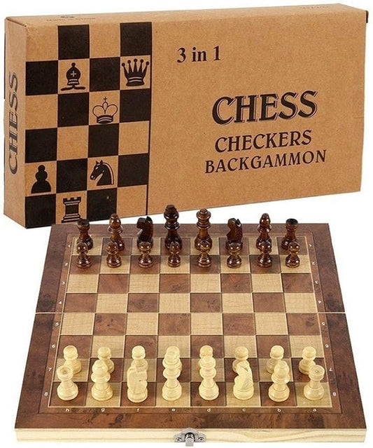 Chess Set,Folding Storage Wooden Chess Board Sets,15" Wooden Chess,3 in 1 Chess Board Game for Adults and Kids (Chess,Backgammon,Checkers)
