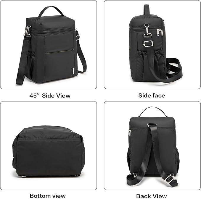 NOL Natural Organic Lifestyle Insulated Lunch Bags for Women Cooler Bag Lightweight Nylon Waterproof Lunch Box For Work (Black, Large)