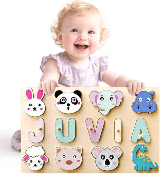Personalized Name Puzzle for Toddlers - Custom Wooden Jigsaw Puzzles with Animals, Montessori Learning Toys, Baby Birthday Gift for 1, 2, 3 Year Old Boy or Girl (Name Puzzle-01)
