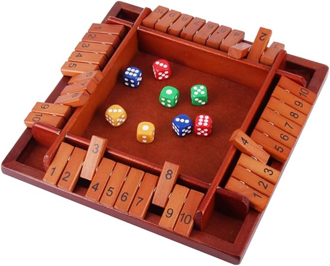 Shut The Box Game: 2-6 Player Wooden Board Math Game with 2-12 Dice | Educational Family Night Entertainment | Classic Pub Style | Funny Family Board Games (Walnut-Square 4 Players)