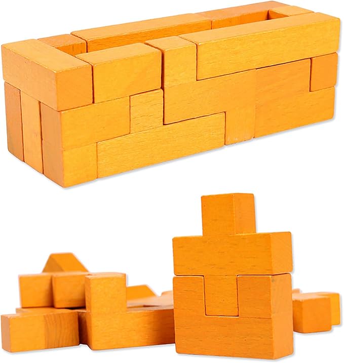 Wooden Puzzle Pattern Blocks Brain Teasers Game 3D Russian Building Toy Geometric Wood Tangram Shape Jigsaw Puzzles Montessori STEM Educational Toys Gift for Kids Adults (Yellow)