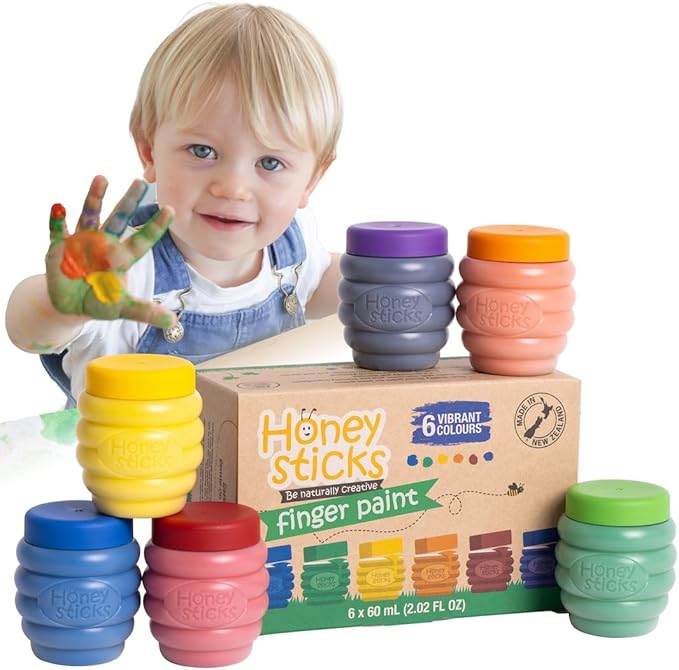 Honeysticks Non Toxic Finger Paint (6 Bright Colors), Washable from Skin, Safe Finger Painting for Toddlers, Kids Ages 1-3, 2-4, 3-5, Perfect First Paint for Little Artists Age 1+, Water Based, Eco
