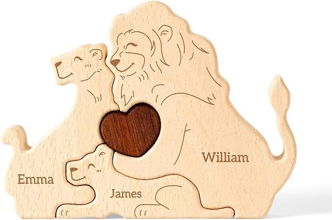 Wooden Lion Family Puzzle, Personalized Puzzles with 2-5 Names, Mothers Day Birthday Gifts for Women Men, Customized Home Decor Housewarming Gifts for Parents Couple Friends