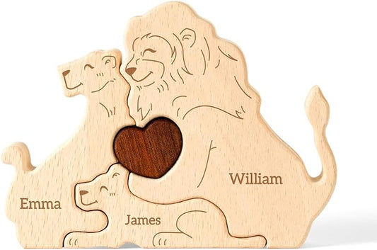 Wooden Lion Family Puzzle, Personalized Puzzles with 2-5 Names, Mothers Day Birthday Gifts for Women Men, Customized Home Decor Housewarming Gifts for Parents Couple Friends