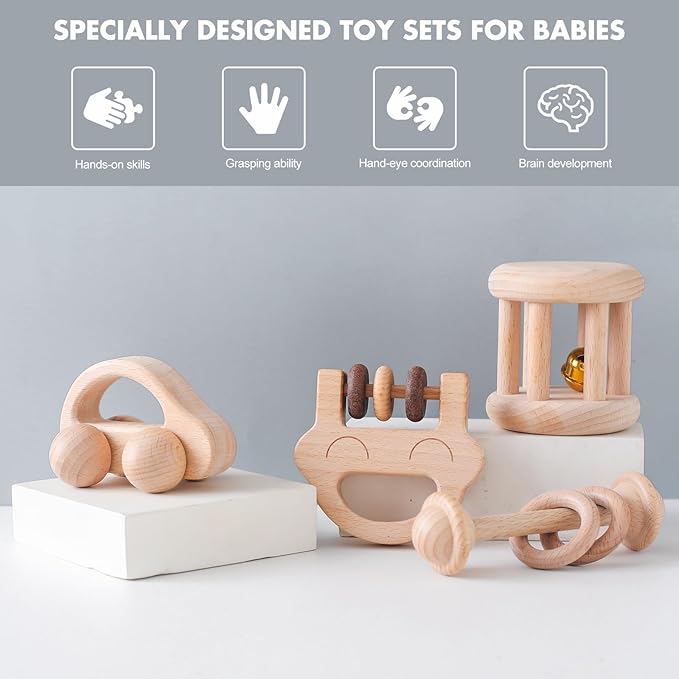 Chriswell Wooden Baby Rattle Set, Newborn Wooden Rattle Toy, Natural Wooden Montessori Baby Grip Toy, Baby Gift Toy, Wood Rattle Set-6
