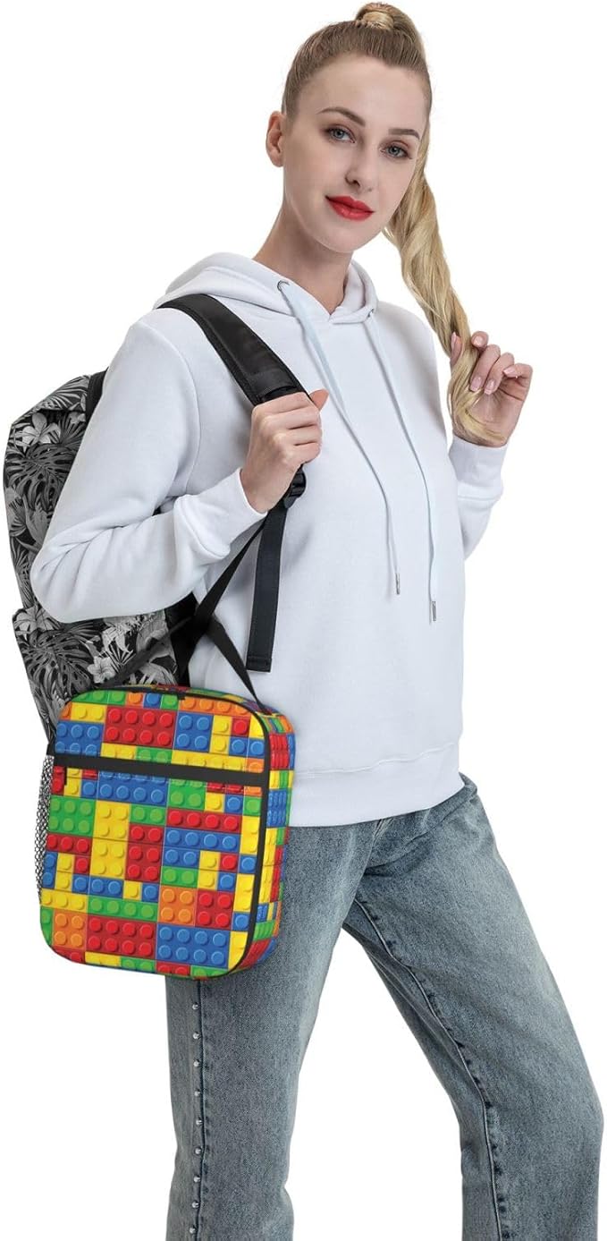 Colorful Bricks Reusable Lunch Box Food Bag Insulated Lunch Bag for Teenage Boys Girls School Beach