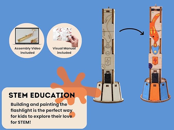 DIY Wooden Flashlight STEM Kit for Kids Aged 6-10 | Battery-Operated Educational Science Experiment Kit with Built-in Switch