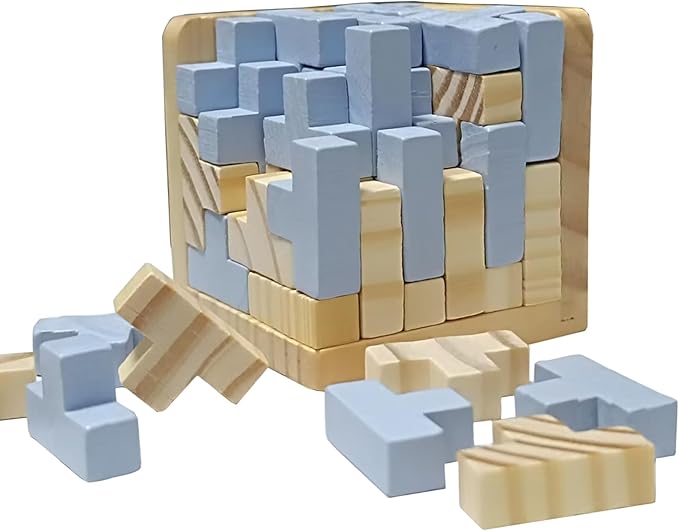 3D Wooden Brain Teaser Puzzle Cube Wooden Puzzles T-Shaped Jigsaw Logic Puzzle Game Puzzles Educational Toy for Kids and Adults (Light Grey)