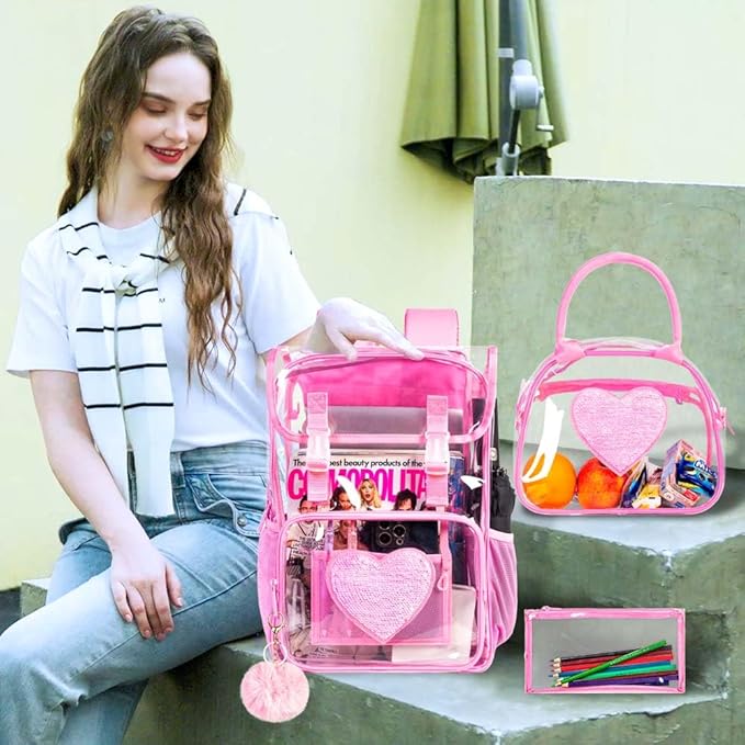 17" Sequin Clear Backpack for Girls - 3Pcs Sparkle Flip Design Stadium Approved Set, Gym/Concert Transparent Bookbag (Pink)