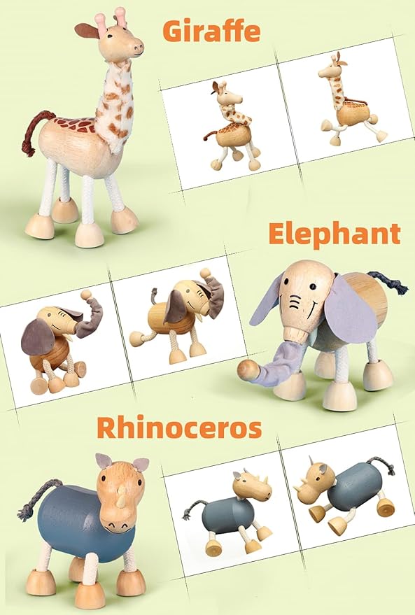 14 Pack Bendable Wooden Animal Toys, Smooth Natural Wood Zoo Farm Jungle Safari Animals Figures, Preschool Learning & Education Toys for Toddlers Kids