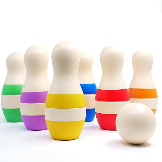 Shumee Montessori Wooden Kids Bowling set 2+ Years, Eco-Friendly Toddler Bowling Sets with 6 Pins & Ball, Indoor/Outdoor Bowling Set For Kids, Muscle & Brain Development, 100% Child-Safe Toy - Stripes