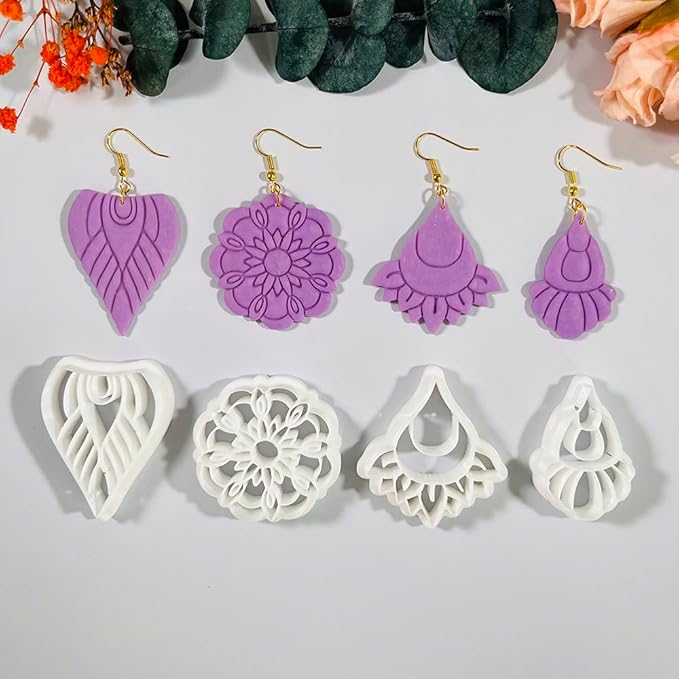 Polymer Clay Cutters Boho Earring Set – 4PCS Mandala Flower & Tribal Clay Cutters for Polymer Clay Jewelry, Clay Earring Cutters and Tools for DIY Craft Making