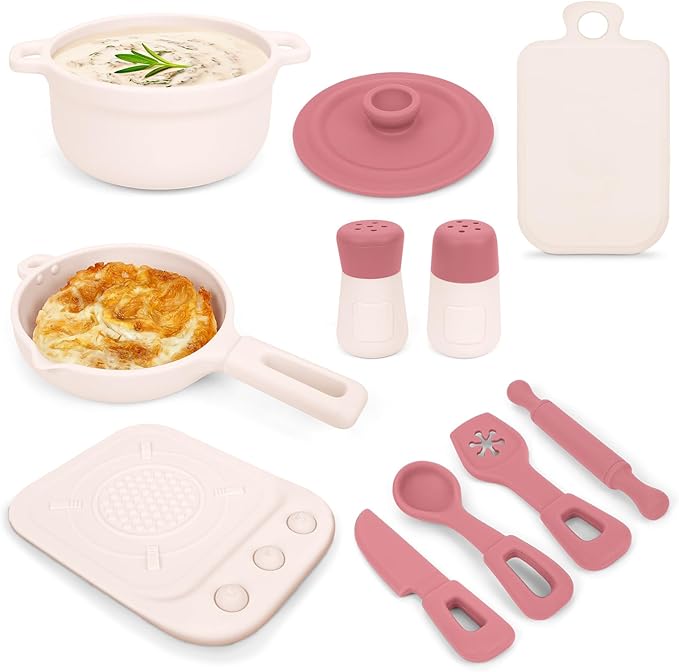 TYRY.HU Play Kitchen Accessories, 11Pcs Pretend Play Toys, BPA Free Silicone Play Kitchen Set, Pretend Play for Toddlers 1-3, Play Kitchen Cooking Utensils Pots & Pans, Learning Gifts for Kids, Pink