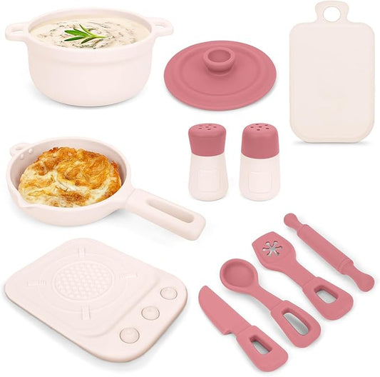 TYRY.HU Play Kitchen Accessories, 11Pcs Pretend Play Toys, BPA Free Silicone Play Kitchen Set, Pretend Play for Toddlers 1-3, Play Kitchen Cooking Utensils Pots & Pans, Learning Gifts for Kids, Pink