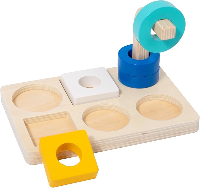 Adena Montessori Wooden Stacking and Sorting Ring,Wooden Rings on Peg,Colorful 5 Shapes on Curved Peg Horizontal Dowel Variation,Fine Motor Skills Development Toys for 1 2 3 Years Old Toddlers