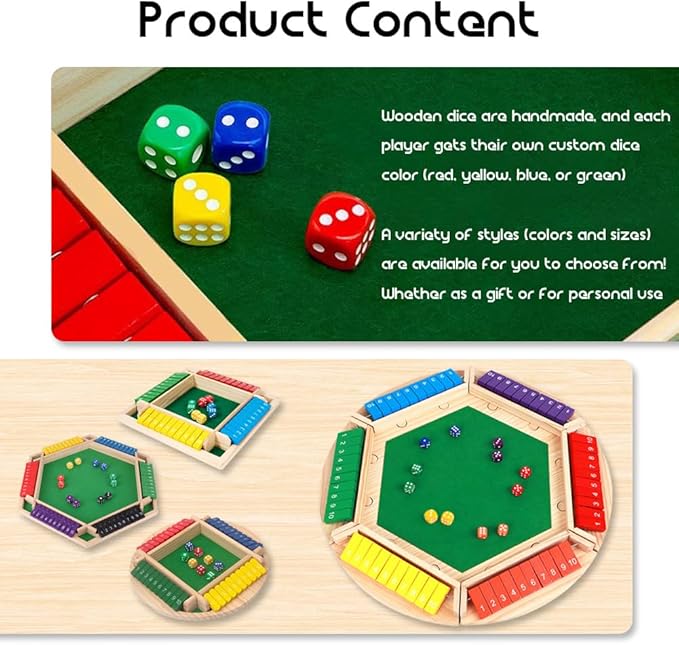 Shut The Box Game: 2-6 Player Wooden Board Math Game with 2-12 Dice | Educational Family Night Entertainment | Classic Pub Style | Funny Family Board Games (Colorful-Square 4 Players)