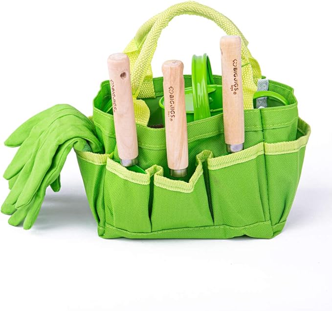 Bigjigs Toys Small 5 Piece Childrens Gardening Set with Bag, Garden Tools, Watering Can & Gardening Gloves - Fun Gardening for Kids, Quality Outdoor Toys