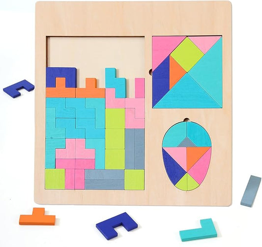 Kids Wooden Blocks Puzzles Toy Tangrams Jigsaw Oval Brain Teasers Toy Sets Colorful Russian Blocks Montessori Educational Logic Game(KD-003)