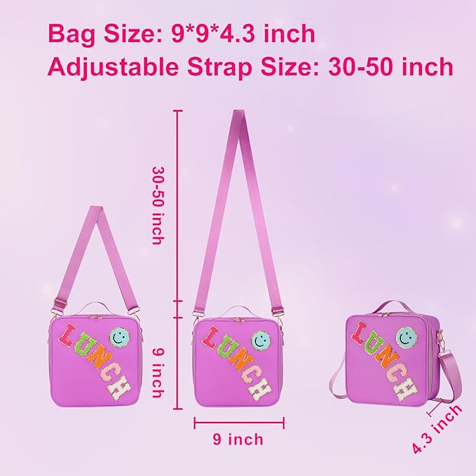 Insulated Girl Lunch Bag for Girls With Adjustable Strap, Nylon Preppy Lunch Box For Teens Kids Toddler Reusable Bag Back To School Picnic Gifts, Purple