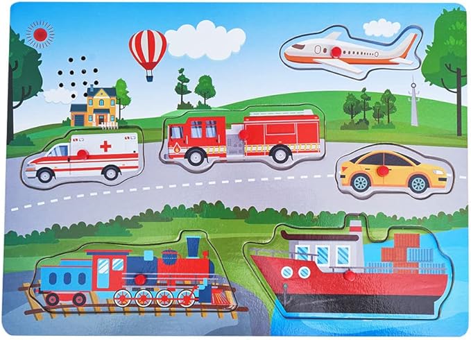 Wooden Transportation Sound Peg Puzzles for Toddlers, Wooden Pegged Puzzle with Sound Effect for Toddlers and Preschoolers, Educational Learning Toy Gift