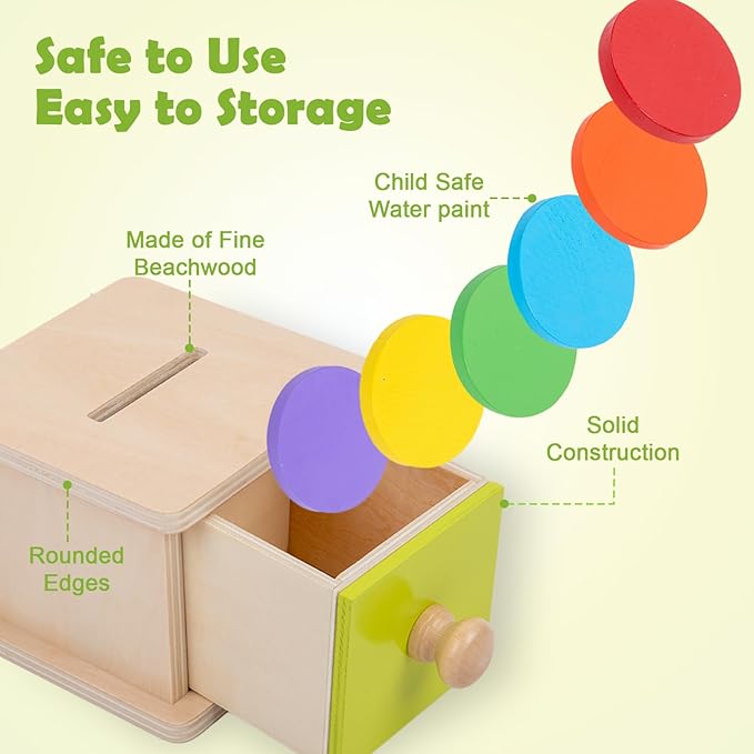 Adena Montessori Coin Box,Object Permanence Box Toys for 1 Year Old Baby Coins,Wooden Montessori Ball Drop Toys Developmental Toys for 6-12 Month Infant Toys,Learning Kids Gifts(Yellow-Green Door)