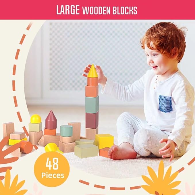 Migargle Large Wooden Building Blocks for Toddlers - Educational Preschool Learning Toys with Storage Bag, Innovative Shapes & Variety Colors to Build More Combinations （48Pcs）