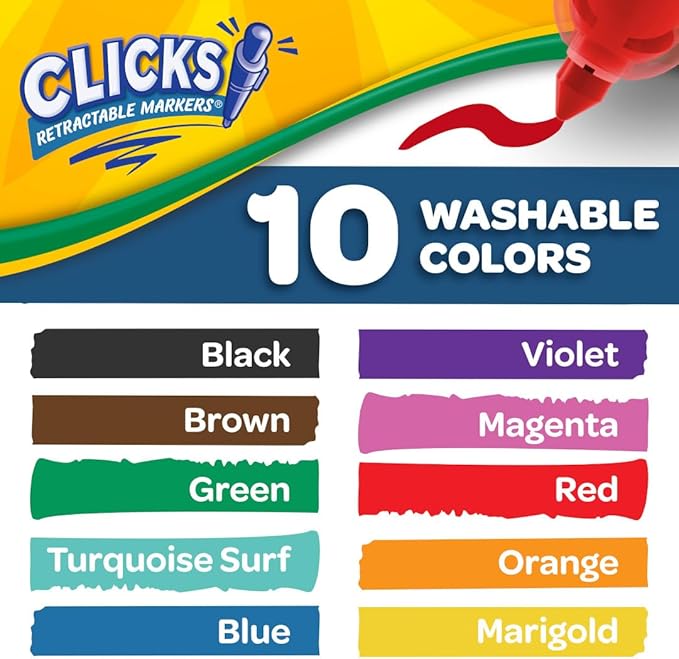 Crayola Clicks Retractable Tip Marker Set for Kids (10ct), Teacher Supplies, Long Lasting Markers For School, No Dry, Coloring Book Essentials, 6+