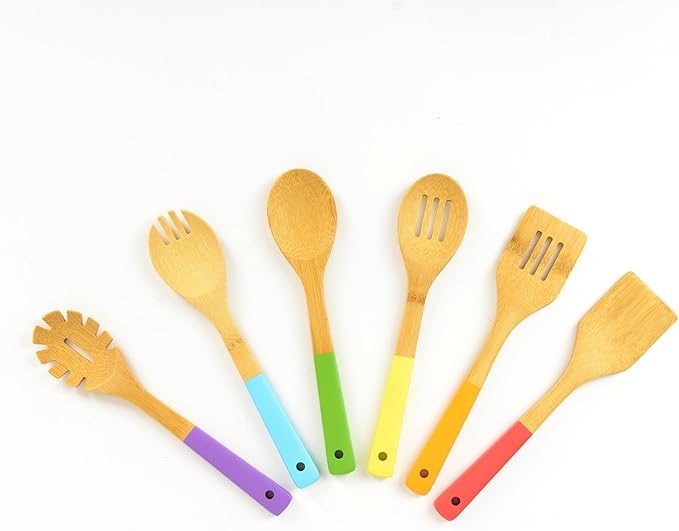 Rainbow Bamboo Kitchen Utensil Set for Kids – Montessori-Inspired 6-Piece Real Cooking Tools | Ages 2+ | Natural Bamboo | Color-Coded | Thoughtful Gift for Toddlers & Preschoolers