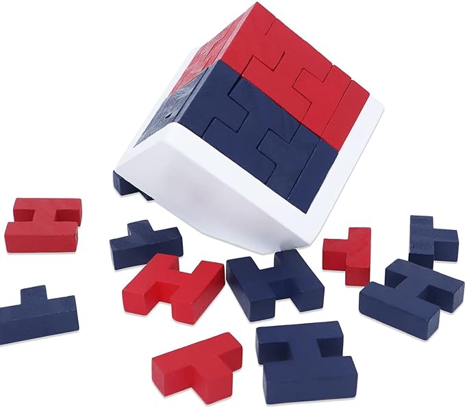 3D Wooden Brain Teaser Puzzle Cube Wooden Puzzles T-Shaped Jigsaw Logic Puzzle Game Puzzles Educational Toy for Kids and Adults (Red)