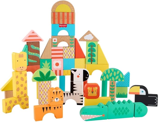 Fisher-Price Wood Toddler Toy Jungle Blocks, 50-Piece Wooden Animal Building Set for Preschool Pretend Play Kids Ages 2+ Years