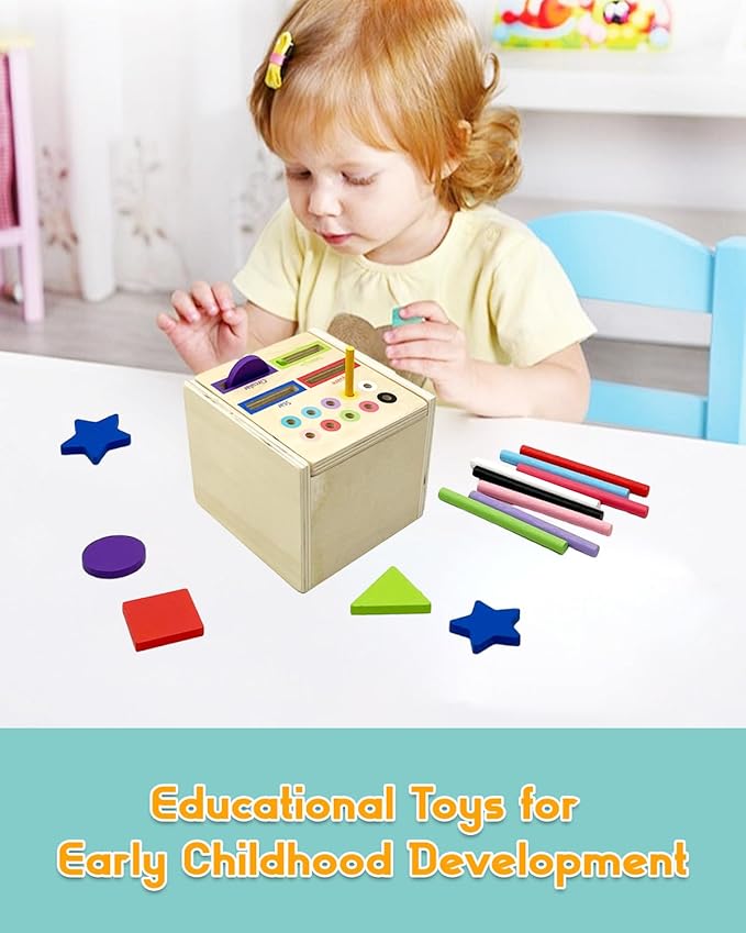 Wooden Sorting Toys Montessori Color & Shape Sorter Preschool Learning Activities Fine Motor Skills Sensory Toys for Toddlers 2-5 Birthday Gifts for Boys and Girls (Colorful-Cube)