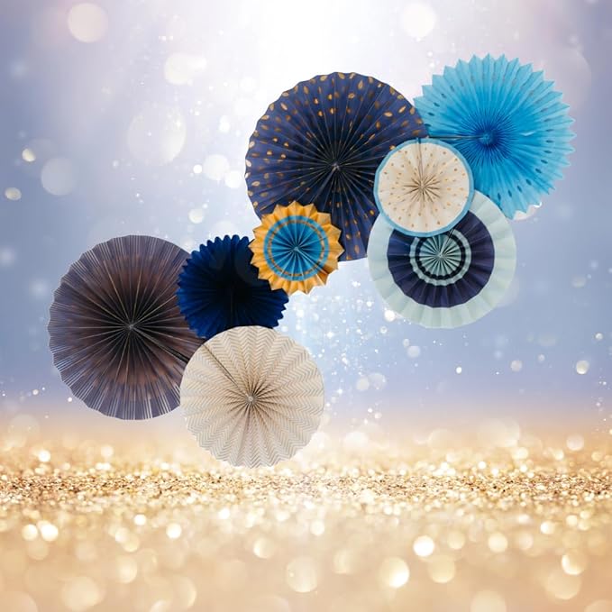 PapaKit Origami Wall Decoration Set (8 Assorted Round Paper Fans) Birthday Party Baby Shower Wedding Events Decor | Creative Art Design Pattern (Starry Midnight Blue with Metallic Gold Accent)