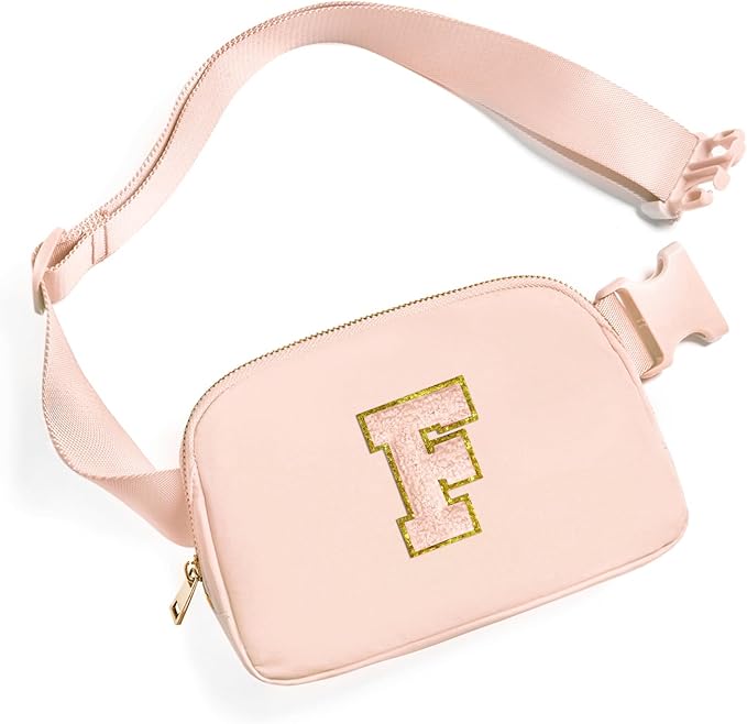 Gitus Gifts for 8 9 10 11 12 Year Old Girls Belt Bag Fanny Pack Crossbody Bags with Initial Letter Patch Cute Stuff Birthday Gifts for Teen Girls Women Personalized Trend Stuff (Coral Pink-F)