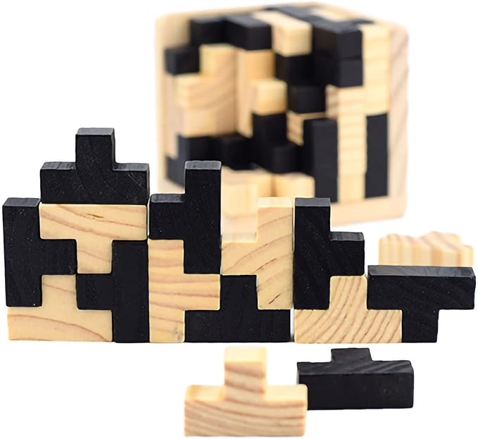 3D Wooden Brain Teaser Puzzle Cube Wooden Puzzles T-Shaped Jigsaw Logic Puzzle Game Puzzles Educational Toy for Kids and Adults (Black)