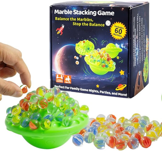 Marble Balancing Game for 1-4 Players with 60 Colorful Marbles & UFO Design - Built-in Storage Family Challenge, Fun Stacking Party Game for Kids Adults Ages 8-12, Perfect Holiday Birthday Gift