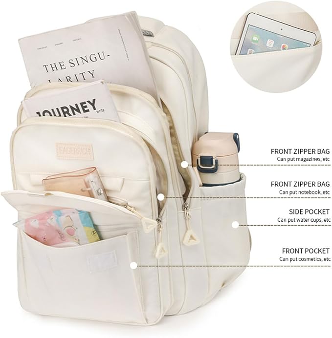 School Cute Aesthetic Backpack Girls Backpack for Students Kids Teen Girls Large Capacity Bookbags College Backpacks Laptop Lightweight Bookbag Casual Travel Daypacks School Bag（White）