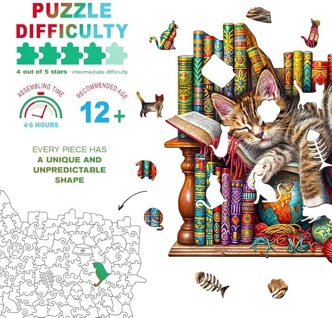 Wooden Puzzles for Adults - Dreamy Cat Wooden Jigsaw Puzzle - Unique Animal Shaped Wood Puzzles Adult - Christmas Birthday Gifts for Adults/Friends/Family - 190pcs 11.4 * 9.2in