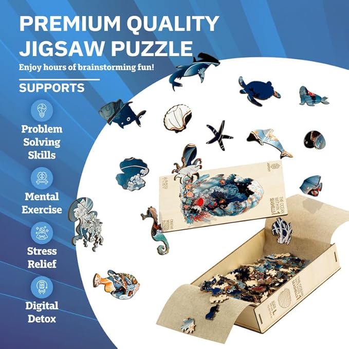 Jigfoxy Wooden Puzzles for Adults, Seashell Wood Puzzles Adult, Unique Animal Shape Wooden Jigsaw Puzzles for Adults, Birthday Gifts for Puzzle Lovers, Family(L-13.4 * 13.4in-320pcs)