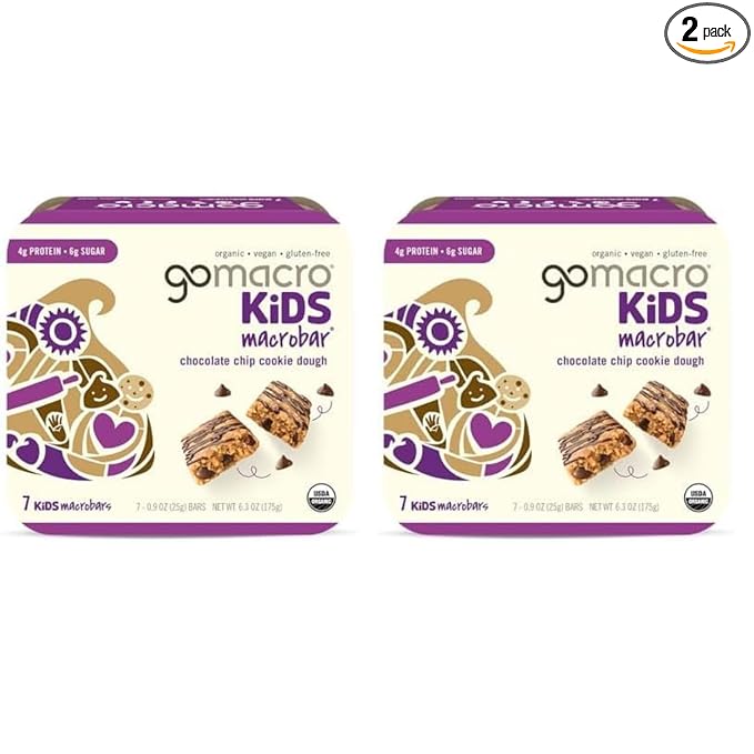 GoMacro Kids MacroBar Organic Vegan Snack Bars - Chocolate Chip Cookie Dough (0.90 Ounce Bars, 7 Count) (Pack of 2)