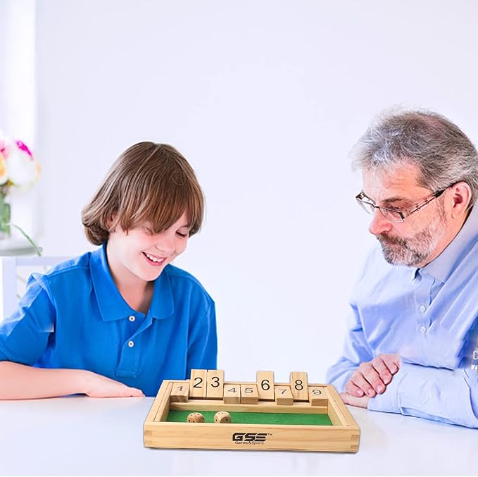 GSE Games & Sports Expert Wooden Shut The Box 9 Numbers Dice Game Board with 2 Wooden Dice, Classic Tabletop Version of The Popular English Pub Game