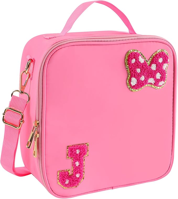 Preppy Initial Bow Mouse Lunch Bag, Kids Insulated Lunch Box Gifts for Teen Girls Daughter, Reusable Soft Lunch Containers Crossbody Cooler Bag Must Haves for Park Travel School Work Picnic Pink J